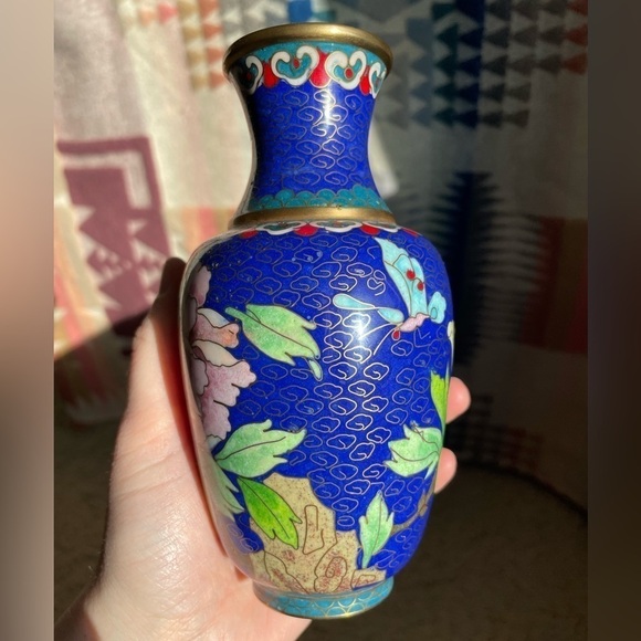 VTG Mid Century Chinese 6" Tall Filagree Enamel Cloisonné Vases Set of 2 Blue - Picture 9 of 14